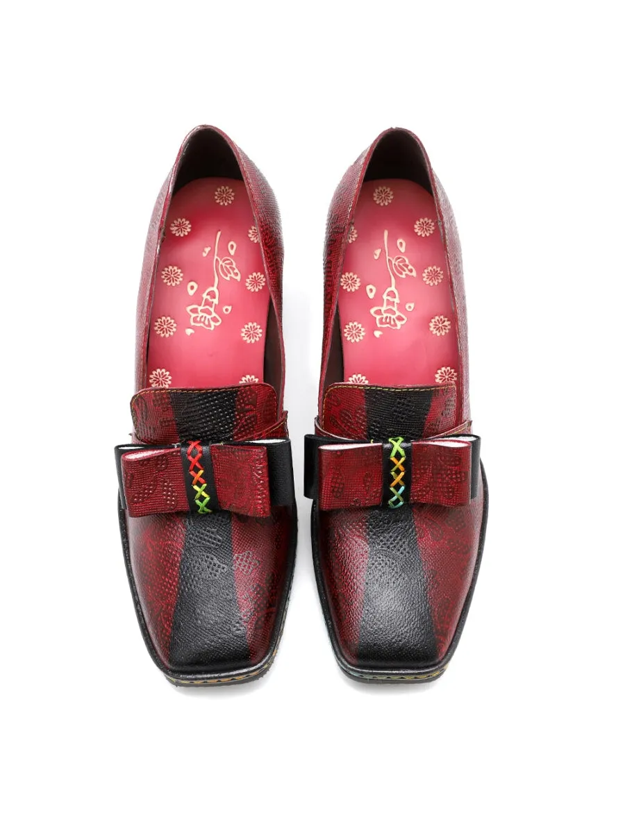Vicconfy | Rainbow Stitch Bow Floral Embossed Leather Pump