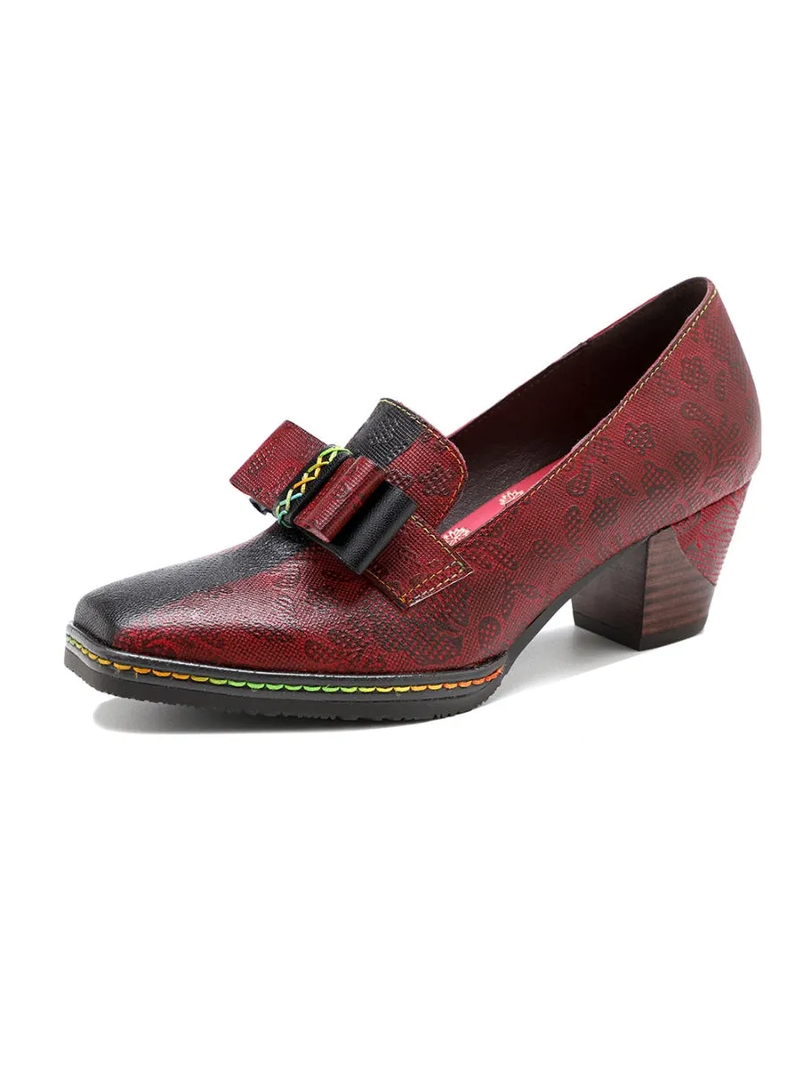 Vicconfy | Rainbow Stitch Bow Floral Embossed Leather Pump