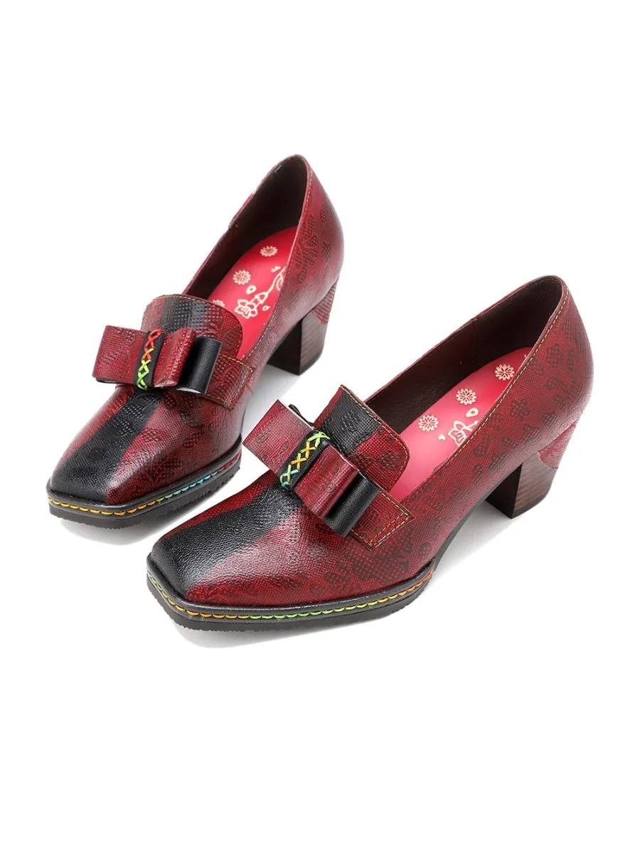 Vicconfy | Rainbow Stitch Bow Floral Embossed Leather Pump