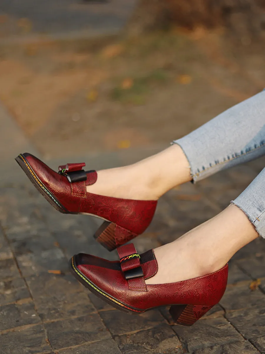 Vicconfy | Rainbow Stitch Bow Floral Embossed Leather Pump