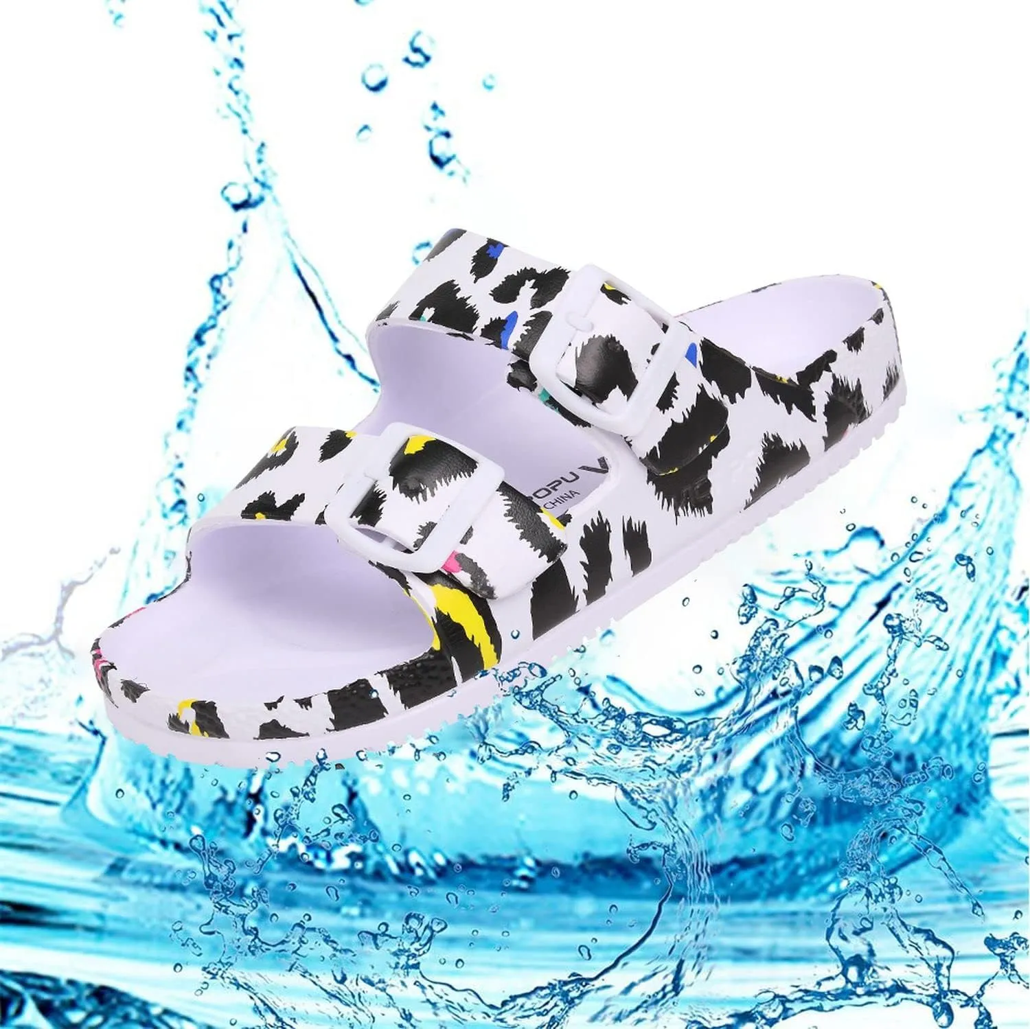 VICT POPU Womens Sandals Adjustable Double Buckle Strap Waterproof EVA Flat Slides