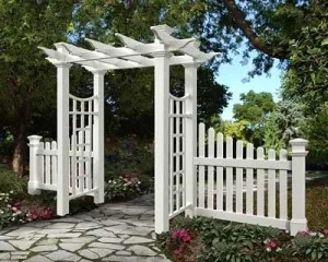 Vita New England Fairfield Deluxe 80" W x 92.4" H White Vinyl Arbor with Cottage Picket Wings, Flat-Top Garden Arch Arbor, Garden Fence, Wedding Arch for Ceremony