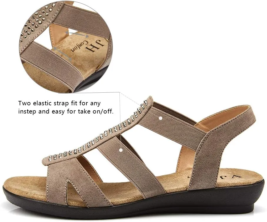 VJH confort Women's Comfort Flat Sandals Summer,with Rhinestone Open Toe Elastic Slip On Slingback Casual Walking Low Heele Sandals