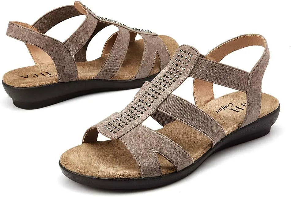 VJH confort Women's Comfort Flat Sandals Summer,with Rhinestone Open Toe Elastic Slip On Slingback Casual Walking Low Heele Sandals
