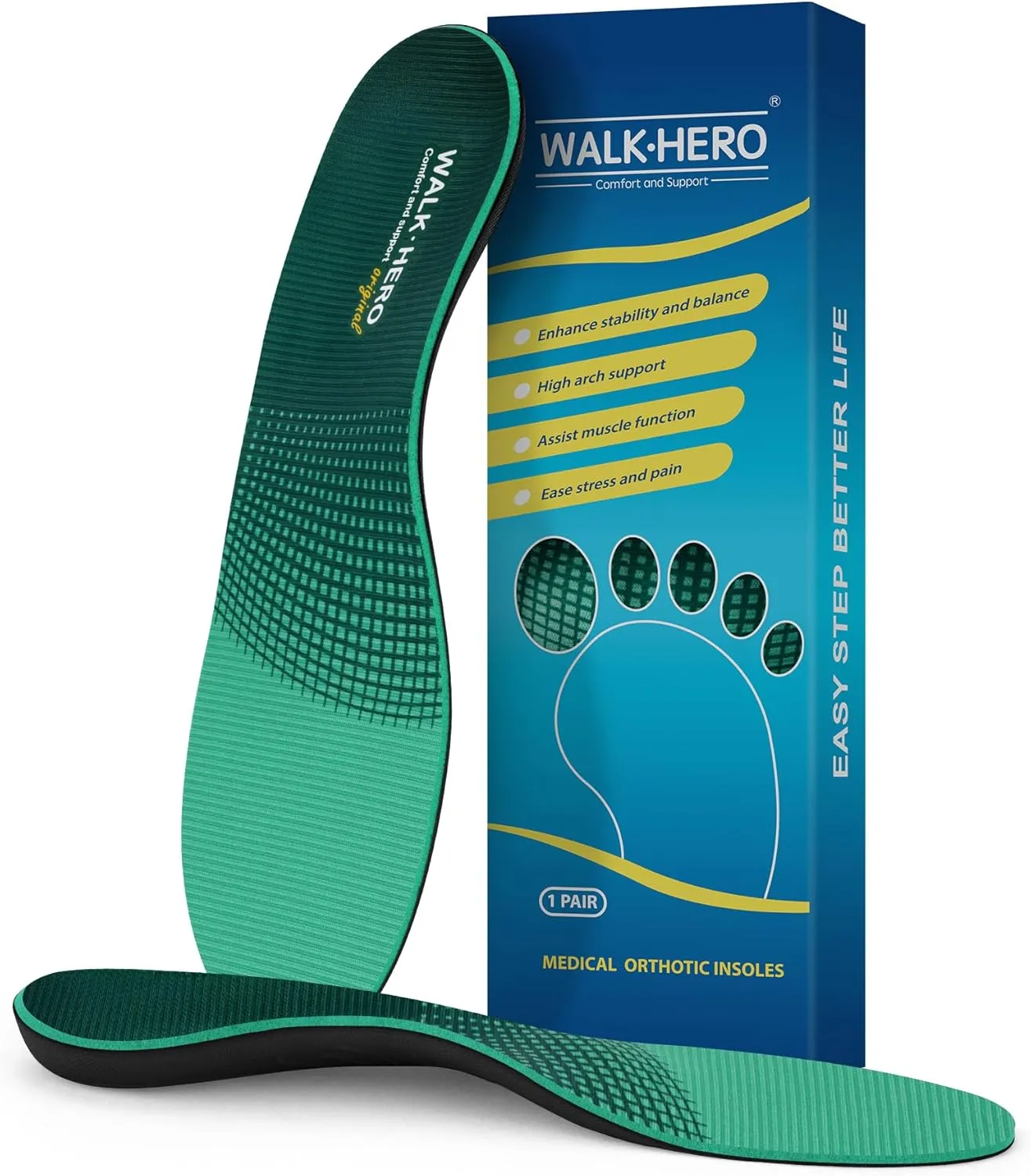 Walkhero Arch Support Insoles - Plantar Fasciitis Orthotic Shoe Inserts with Everyday Comfort and Support, Relieve Foot Pain and Flat Foot (Mens 6-6 1/2 | Womens 8-8 1/2 Green)