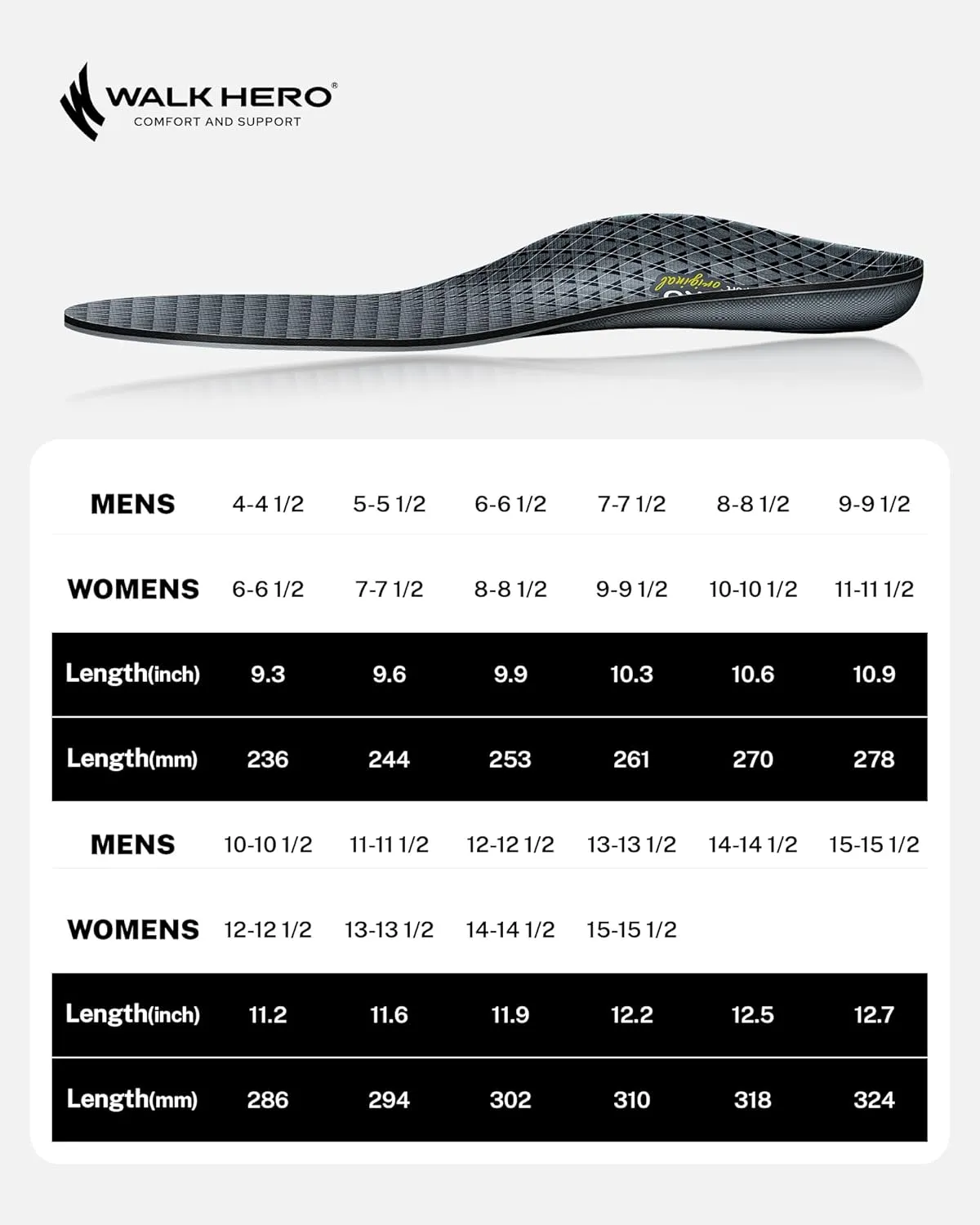 Walkhero Orthotic Inserts for Plantar Fasciitis, Arch Support Insoles for Everyday Comfort and Support, Relieve Foot Pain and Flat Foot (Mens 9-9 1/2 | Womens 11-11 1/2 Gray)