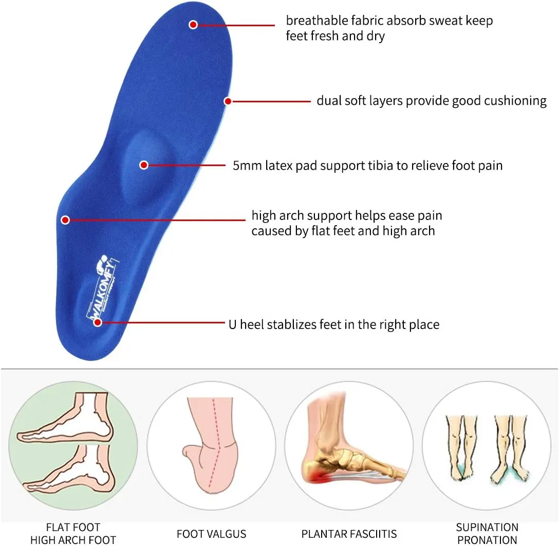 Walkomfy Full Length Orthotic Inserts Arch Support Insole for Flat Feet,Plantar Fasciitis,Feet Pain,Insoles for Men & Women (Mens 12-12 1/2 | Womens 14-14 1/2, 107F-blue)