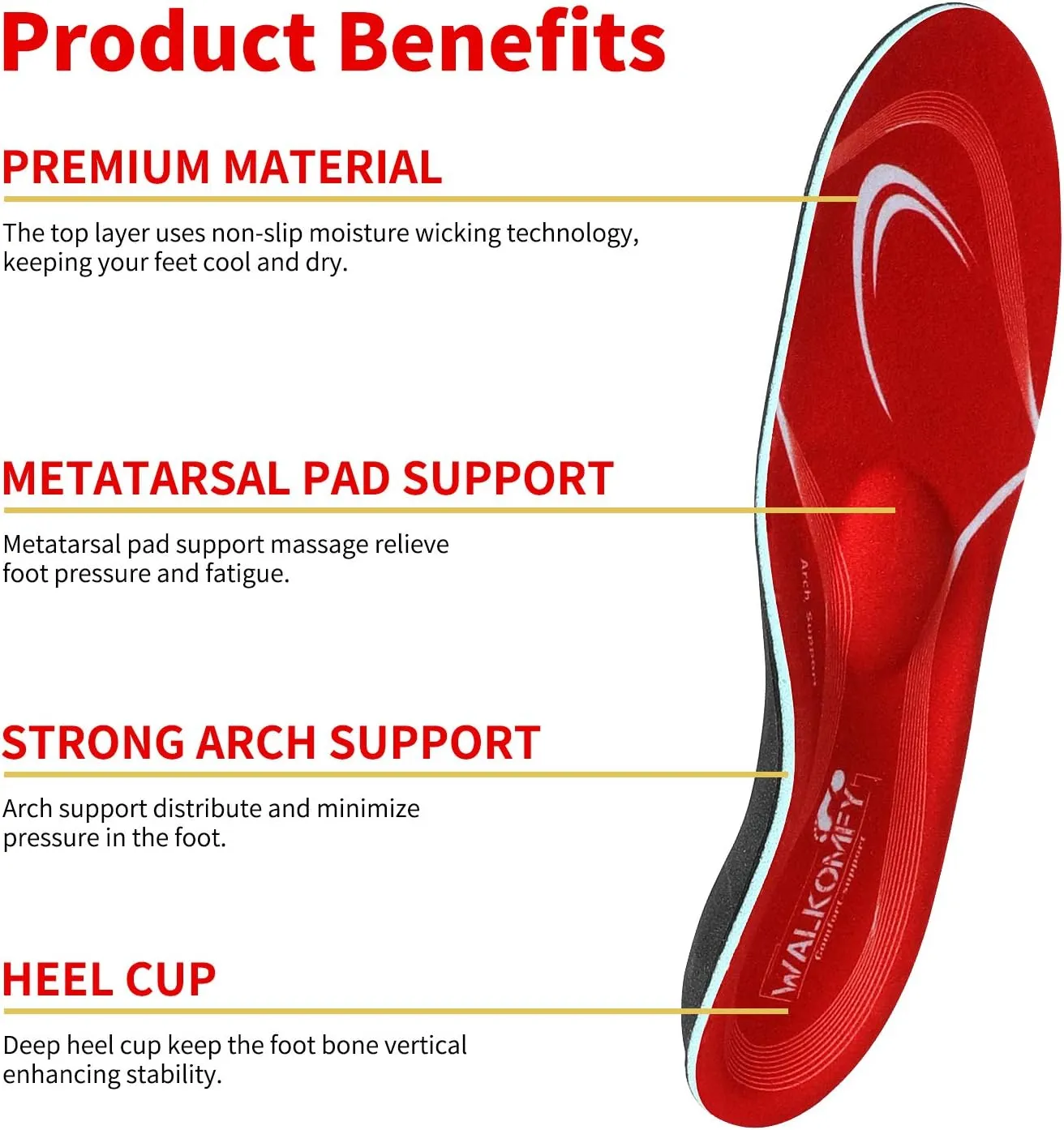Walkomfy Pain Relief Orthotics, Plantar Fasciitis Arch Support Insoles Shoe Inserts for Maximum Support/All-Day Shock Absorption/Designed for Men and Women 29.5cm