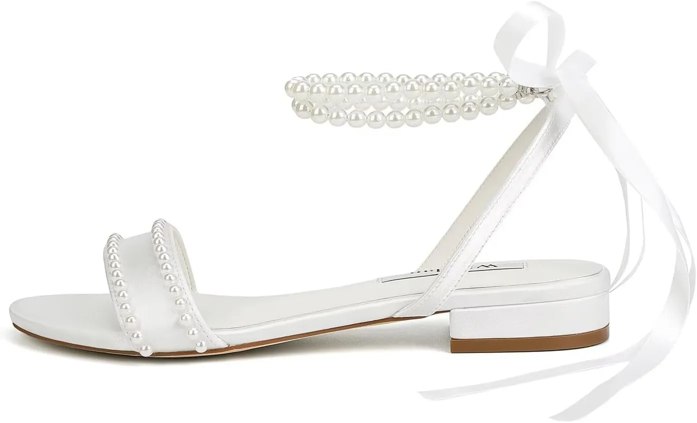 Wedding Flats Pearl Sandals Flat Wedding Shoes for Bride Open Toe Bridal Flats