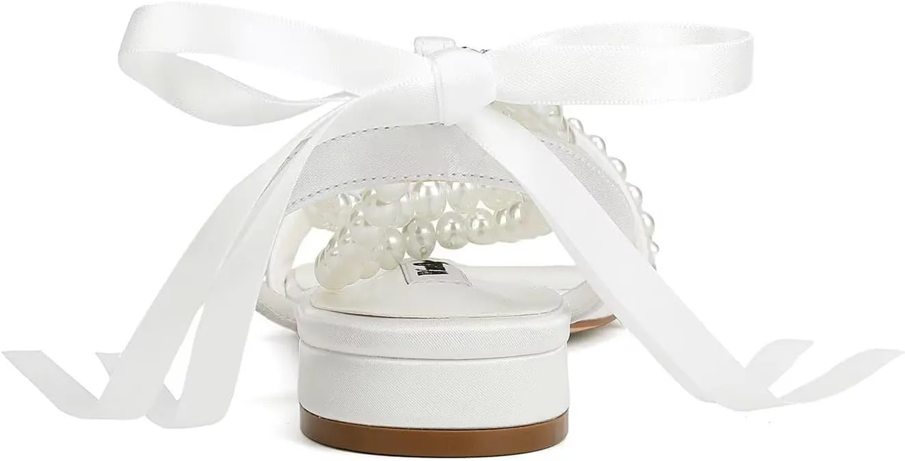 Wedding Flats Pearl Sandals Flat Wedding Shoes for Bride Open Toe Bridal Flats