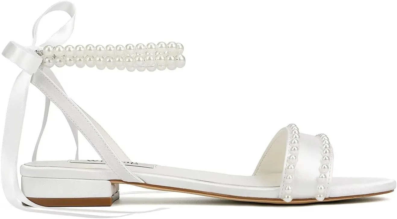 Wedding Flats Pearl Sandals Flat Wedding Shoes for Bride Open Toe Bridal Flats