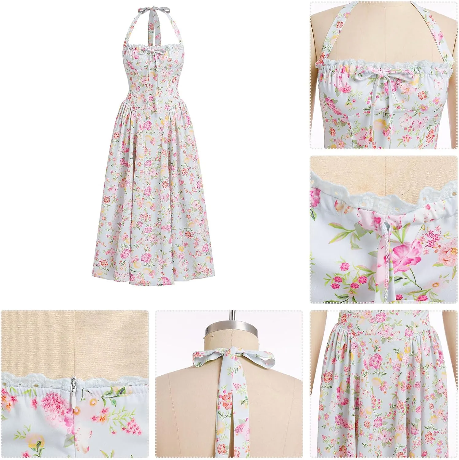 Women Floral Corset Dress Summer Dresses Boho Flowy Adjustable Halter Neck Lace Up Midi Dresses A Line Casual Sundress