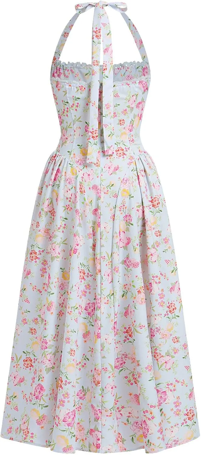 Women Floral Corset Dress Summer Dresses Boho Flowy Adjustable Halter Neck Lace Up Midi Dresses A Line Casual Sundress