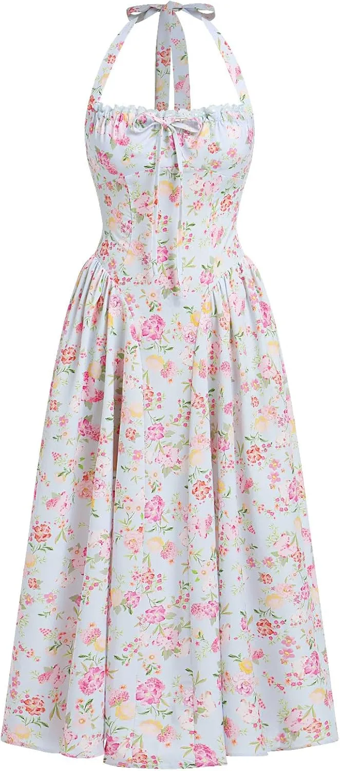 Women Floral Corset Dress Summer Dresses Boho Flowy Adjustable Halter Neck Lace Up Midi Dresses A Line Casual Sundress