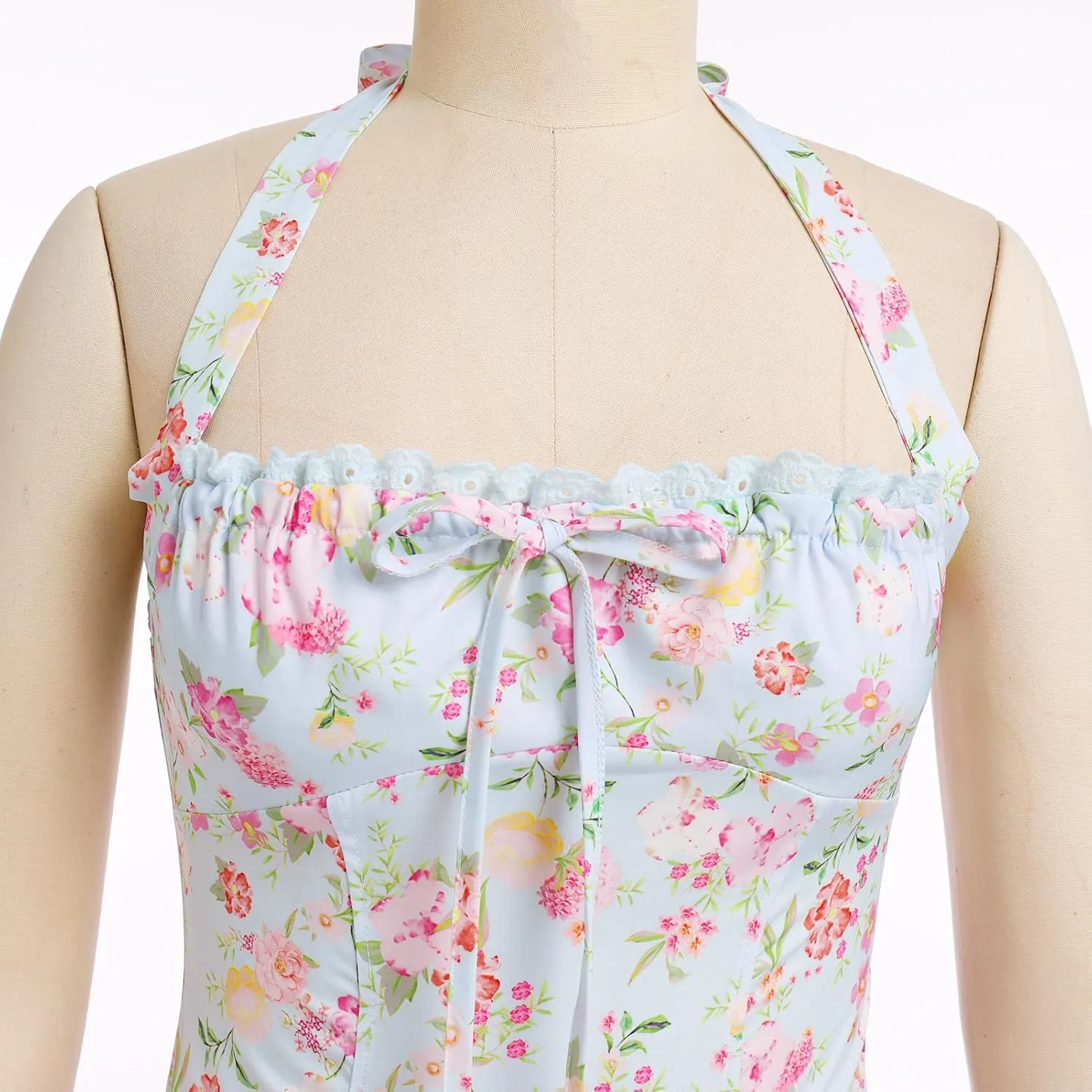 Women Floral Corset Dress Summer Dresses Boho Flowy Adjustable Halter Neck Lace Up Midi Dresses A Line Casual Sundress