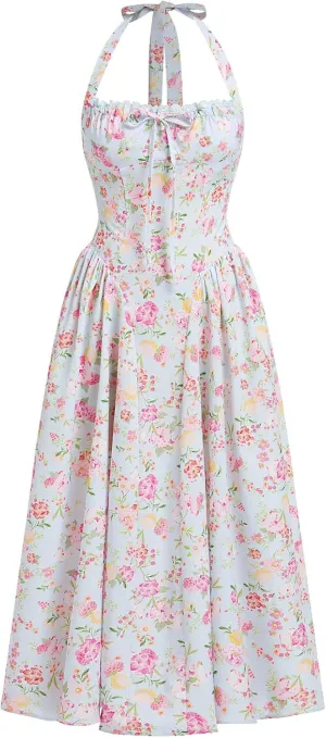 Women Floral Corset Dress Summer Dresses Boho Flowy Adjustable Halter Neck Lace Up Midi Dresses A Line Casual Sundress