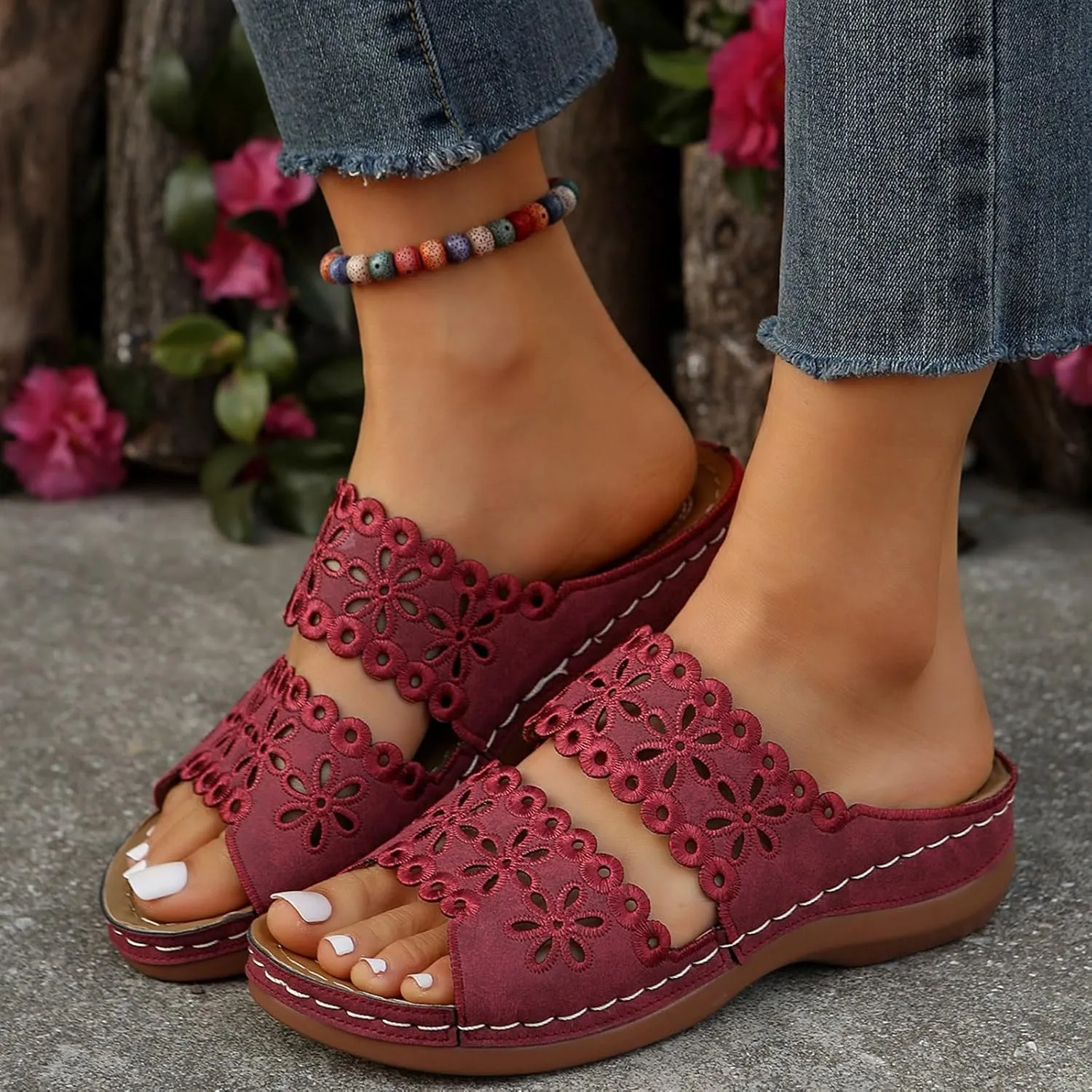 Women's Bohemian Orthotic Sandals Hollow Out Floral Embroidered Slip On Slides Arch Support Athletic Platform Walking Sandals