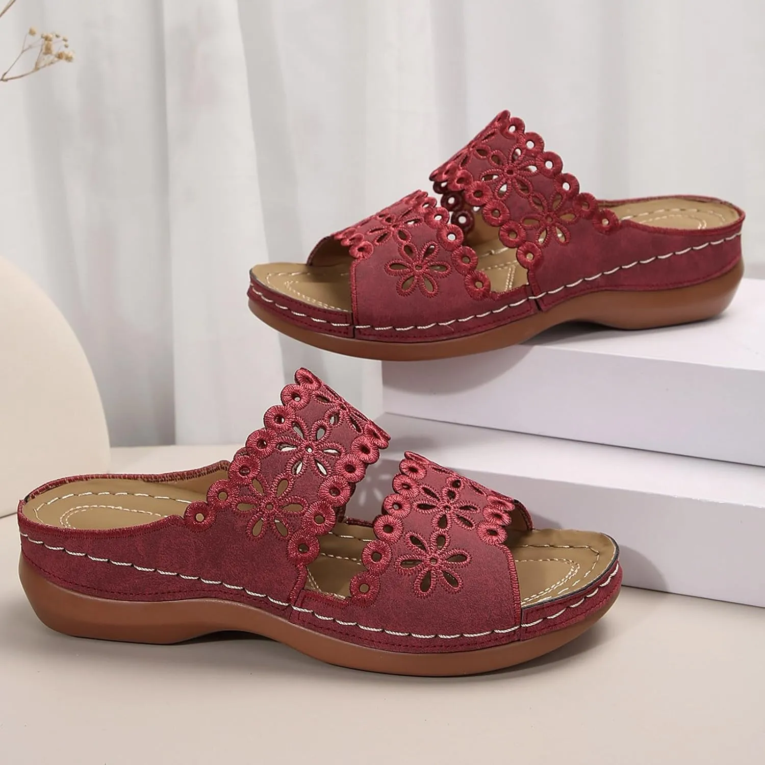 Women's Bohemian Orthotic Sandals Hollow Out Floral Embroidered Slip On Slides Arch Support Athletic Platform Walking Sandals