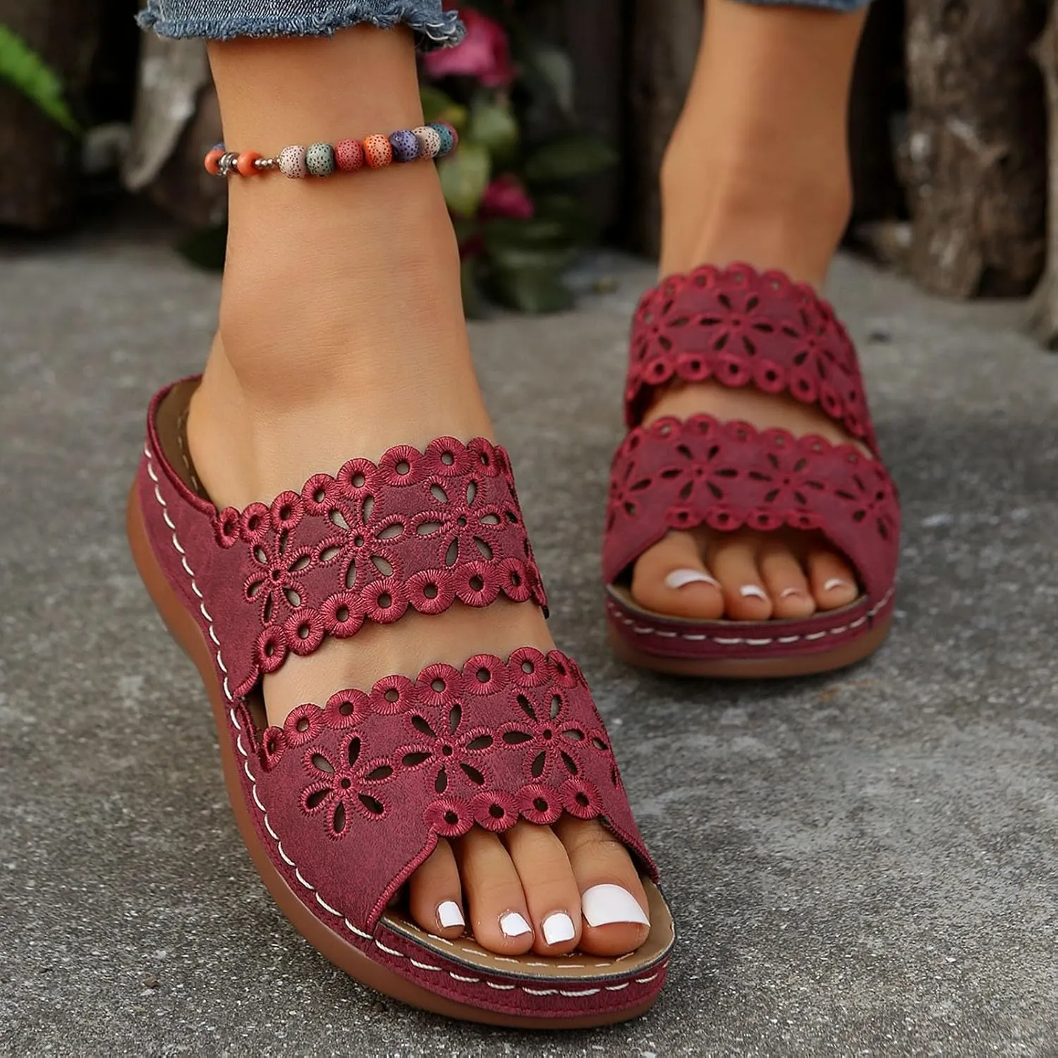 Women's Bohemian Orthotic Sandals Hollow Out Floral Embroidered Slip On Slides Arch Support Athletic Platform Walking Sandals