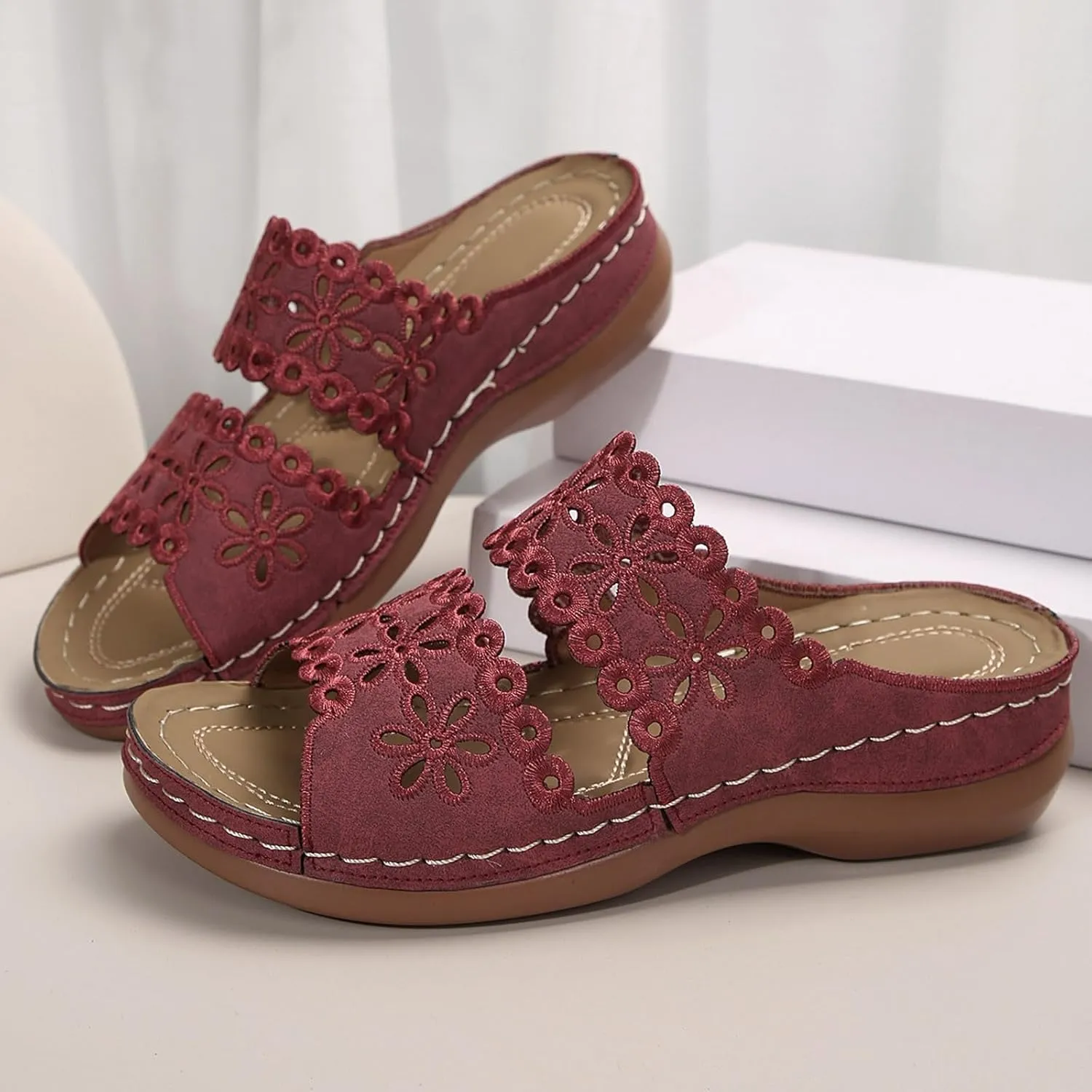 Women's Bohemian Orthotic Sandals Hollow Out Floral Embroidered Slip On Slides Arch Support Athletic Platform Walking Sandals