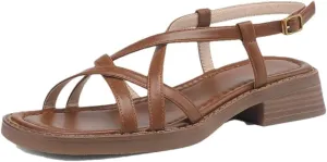 Womens Buckle Strap Front Rear Strap Square Heel Open Side Vamp Gladiator Sandals Cow Leather Formal Office Summer Sandals