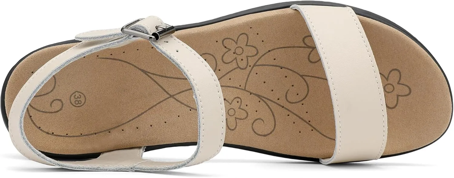 Women's Classic Flat Sandals Leather Open Toes Memory Foam One Band Ankle Strap Adjustable Slip On Shoes