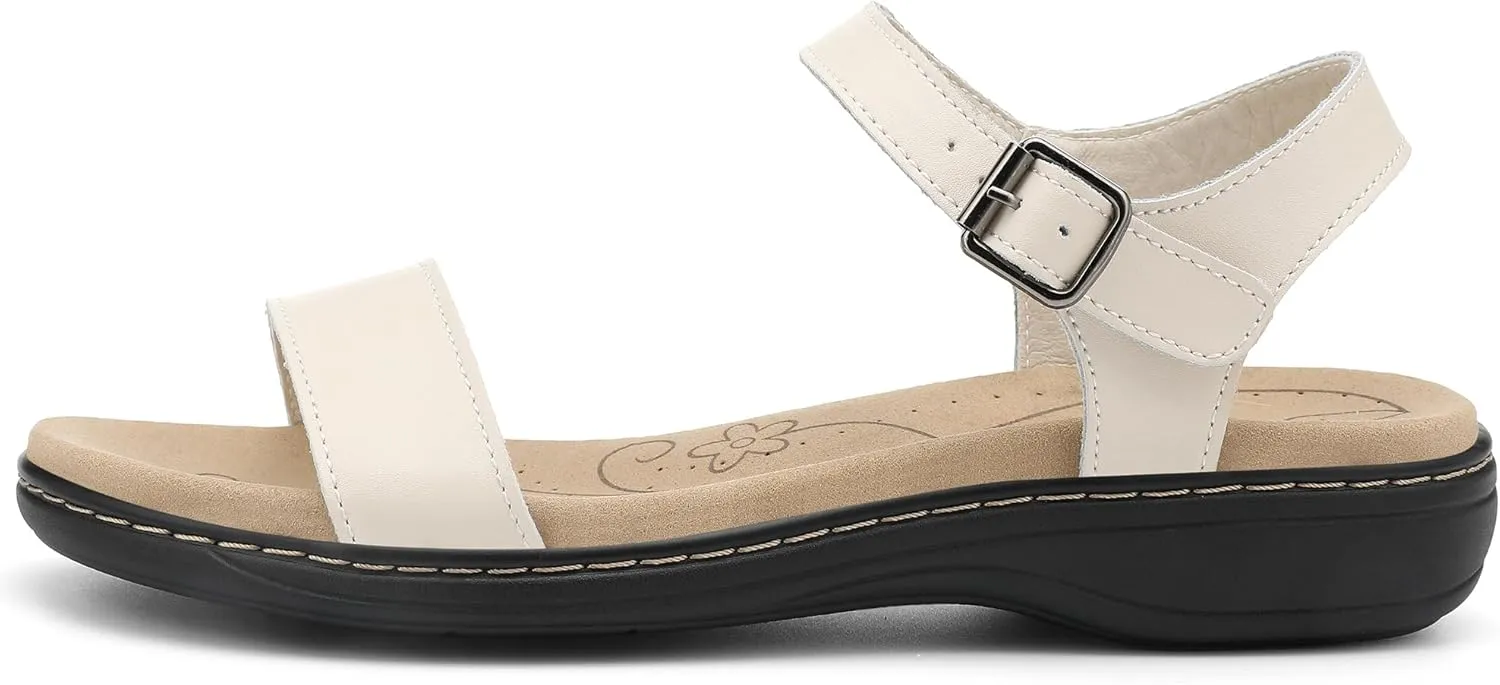 Women's Classic Flat Sandals Leather Open Toes Memory Foam One Band Ankle Strap Adjustable Slip On Shoes