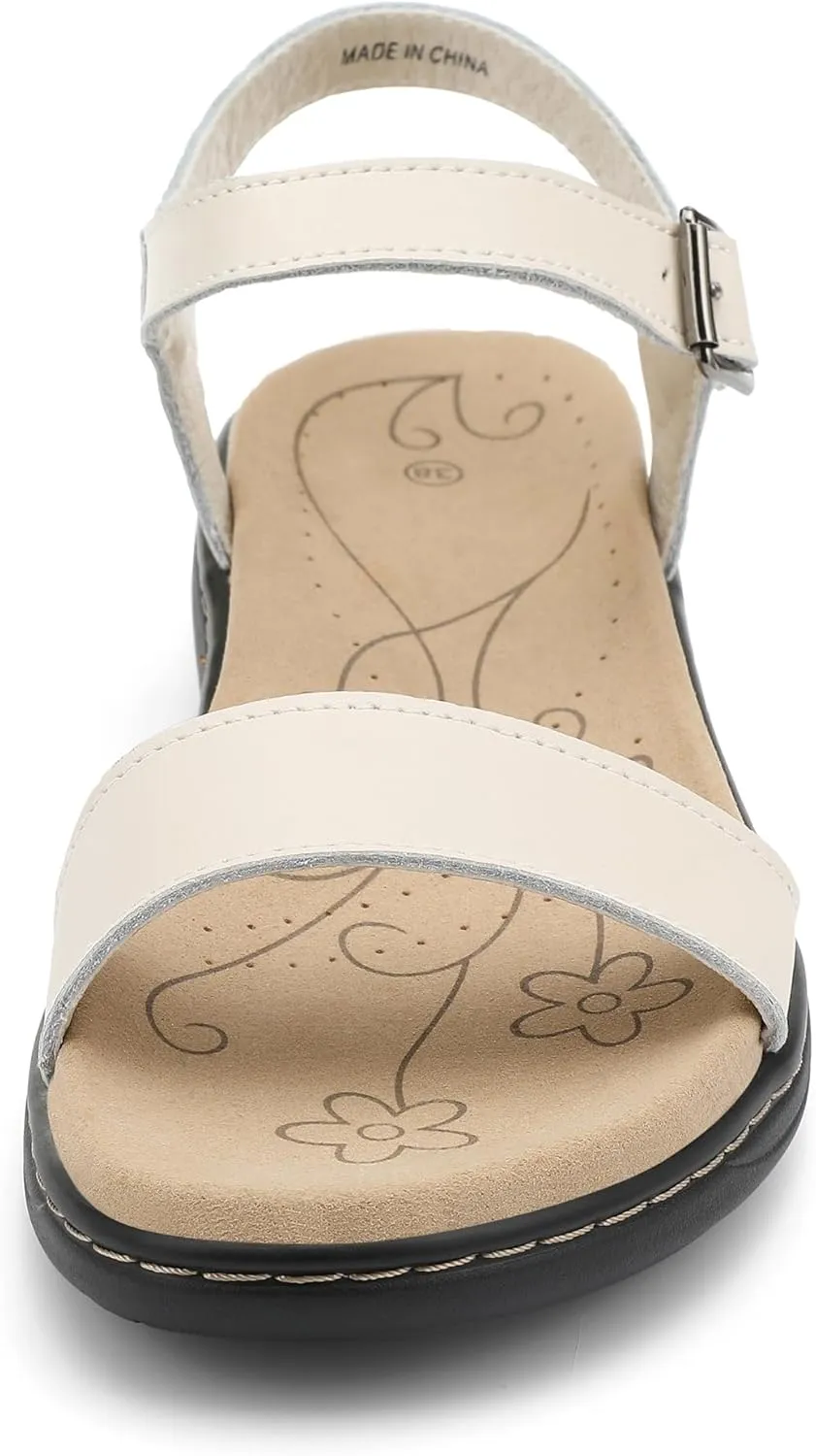 Women's Classic Flat Sandals Leather Open Toes Memory Foam One Band Ankle Strap Adjustable Slip On Shoes