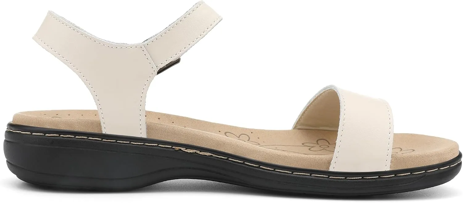 Women's Classic Flat Sandals Leather Open Toes Memory Foam One Band Ankle Strap Adjustable Slip On Shoes