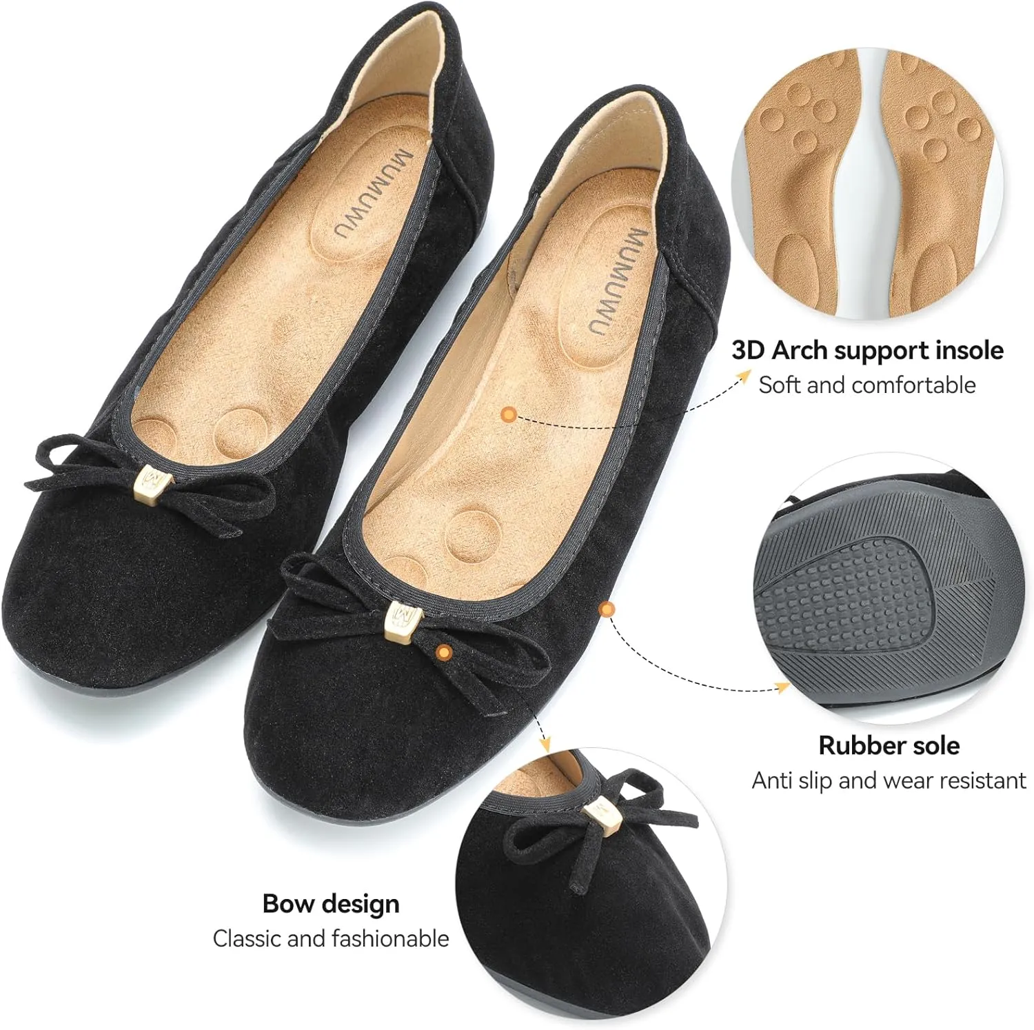 Women's Comfortable Ballet Flats Round Toe Flat Shoes for Women Bow Dressy Flats Shoes with Arch Support Insole