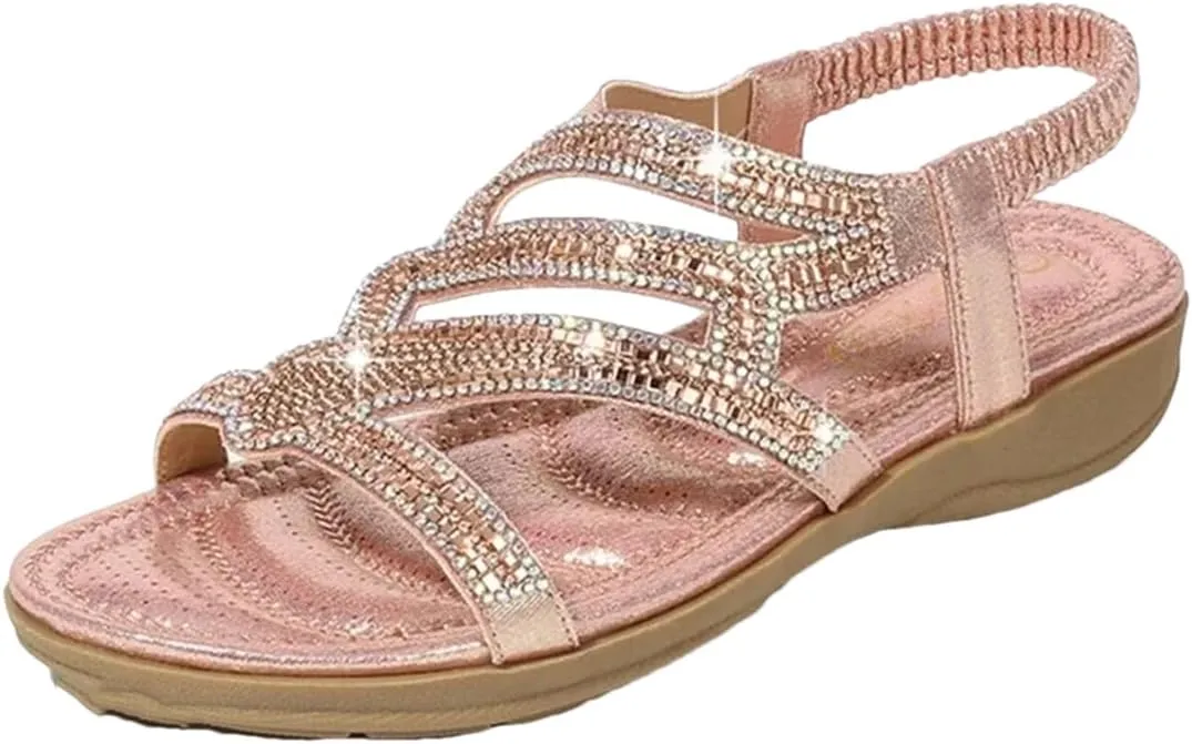 Womens Elastic Band Back Strap Wedge Heel Open Side Vamp Modern Sandals PU Upper Bohemian Rhinestone Beach Casual Summer Sandals