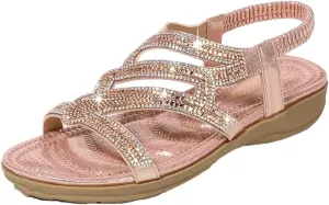 Womens Elastic Band Back Strap Wedge Heel Open Side Vamp Modern Sandals PU Upper Bohemian Rhinestone Beach Casual Summer Sandals