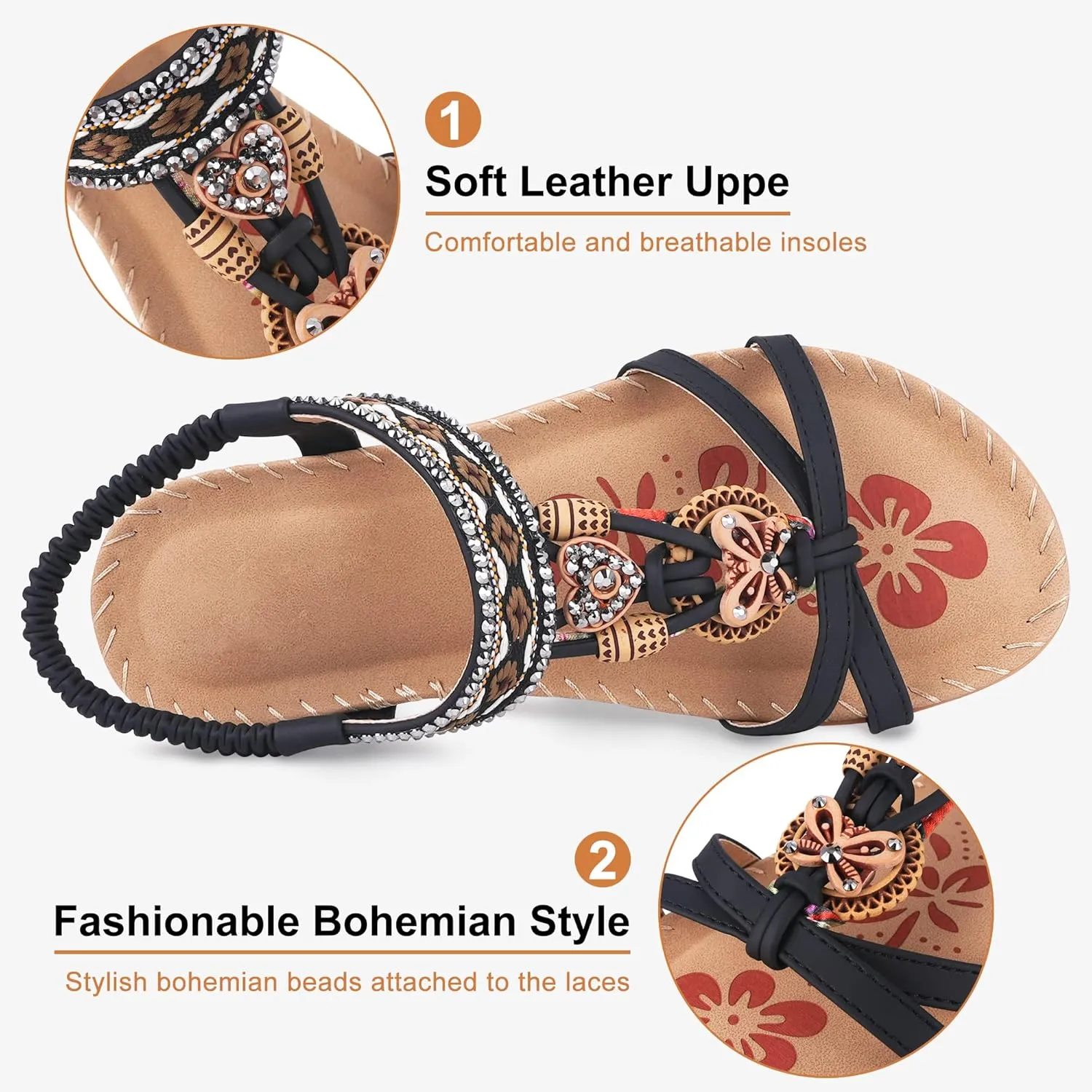 Women's Flats Sandals Summer Bohemian Beaded Dress Shoes Comfort with Elastic Ankle Strap Women Flats Open Toe Sandal