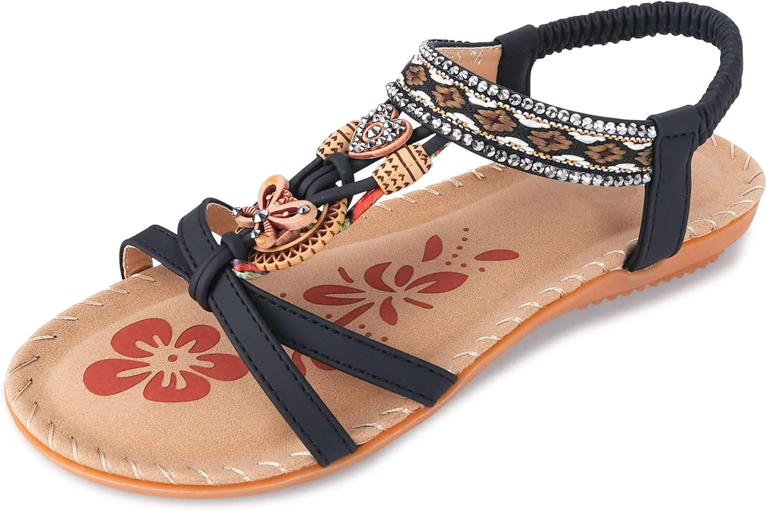 Women's Flats Sandals Summer Bohemian Beaded Dress Shoes Comfort with Elastic Ankle Strap Women Flats Open Toe Sandal