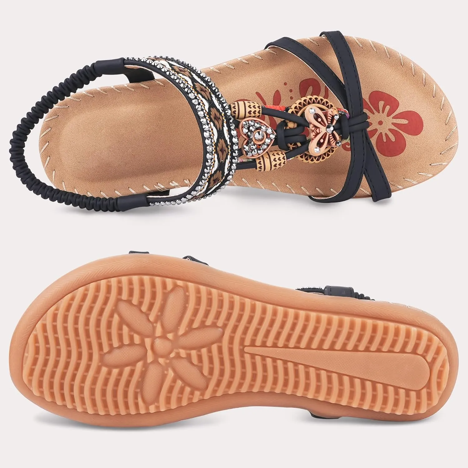 Women's Flats Sandals Summer Bohemian Beaded Dress Shoes Comfort with Elastic Ankle Strap Women Flats Open Toe Sandal