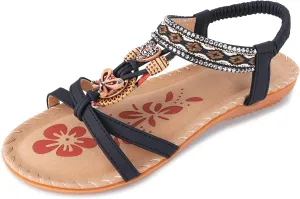 Women's Flats Sandals Summer Bohemian Beaded Dress Shoes Comfort with Elastic Ankle Strap Women Flats Open Toe Sandal
