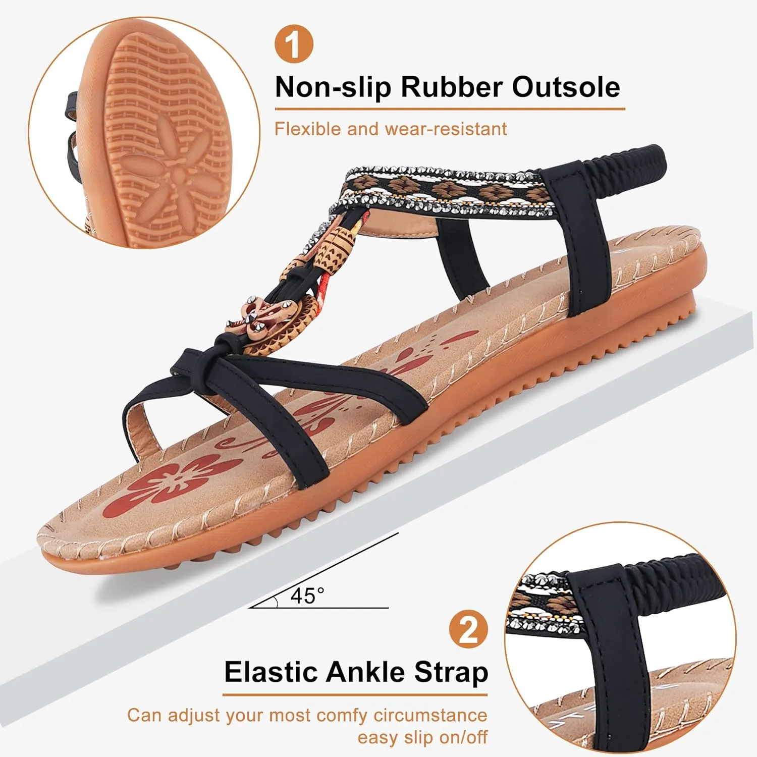 Women's Flats Sandals Summer Bohemian Beaded Dress Shoes Comfort with Elastic Ankle Strap Women Flats Open Toe Sandal
