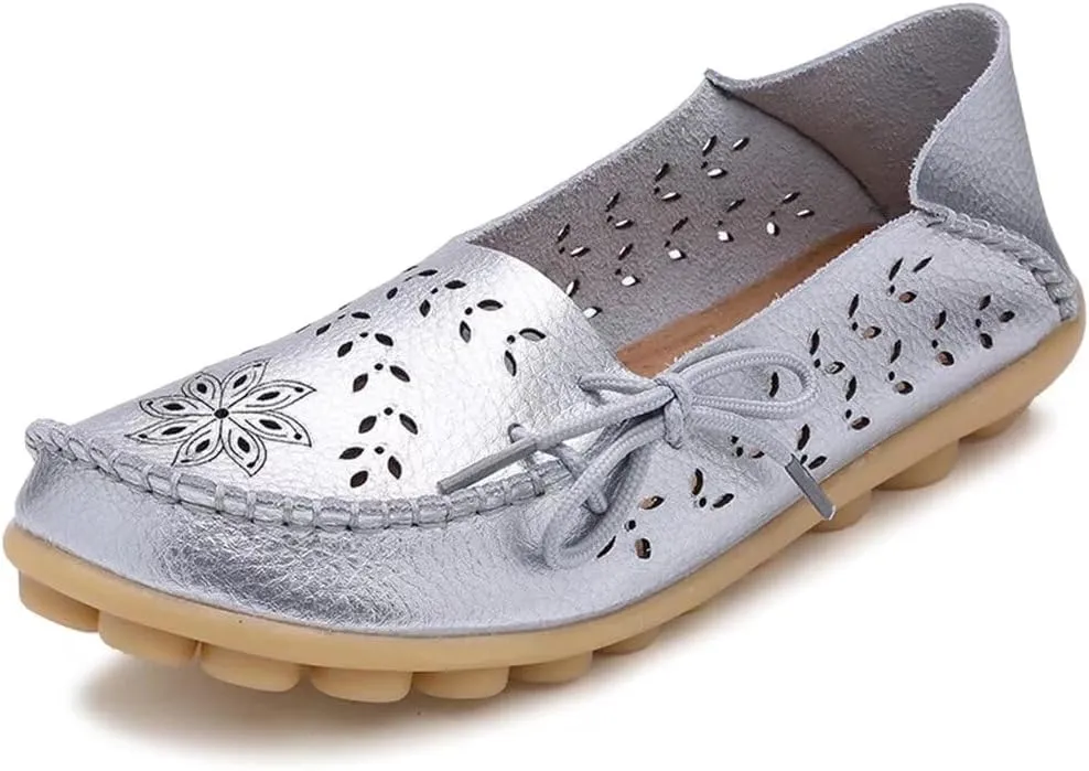 Women's Floral Leather Slip-On Shoes Flat Slipper Walking Loafers