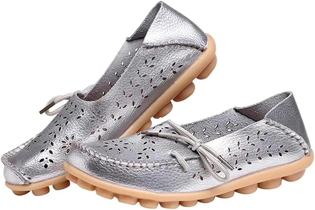Women's Floral Leather Slip-On Shoes Flat Slipper Walking Loafers