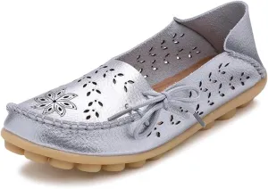 Women's Floral Leather Slip-On Shoes Flat Slipper Walking Loafers