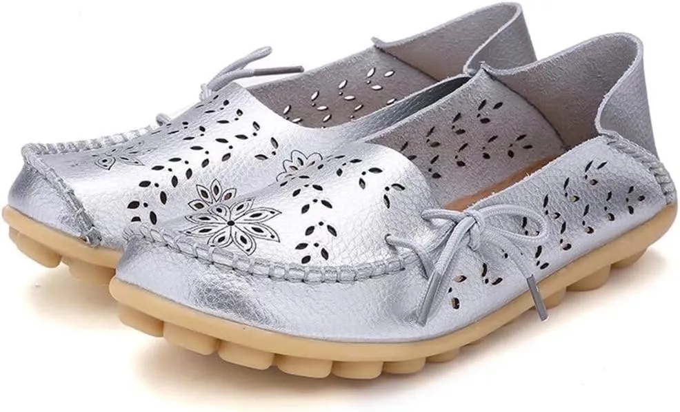 Women's Floral Leather Slip-On Shoes Flat Slipper Walking Loafers