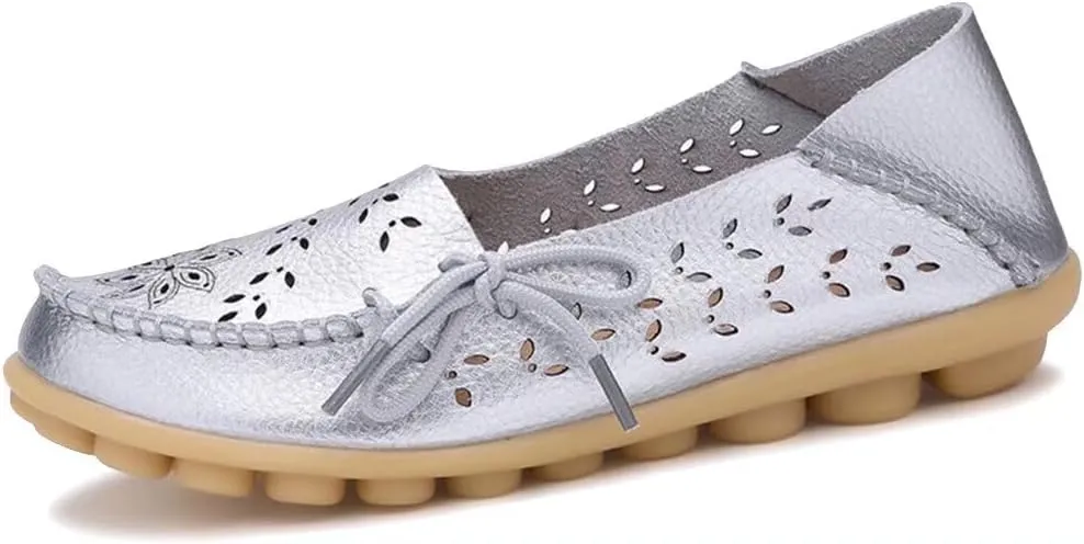 Women's Floral Leather Slip-On Shoes Flat Slipper Walking Loafers