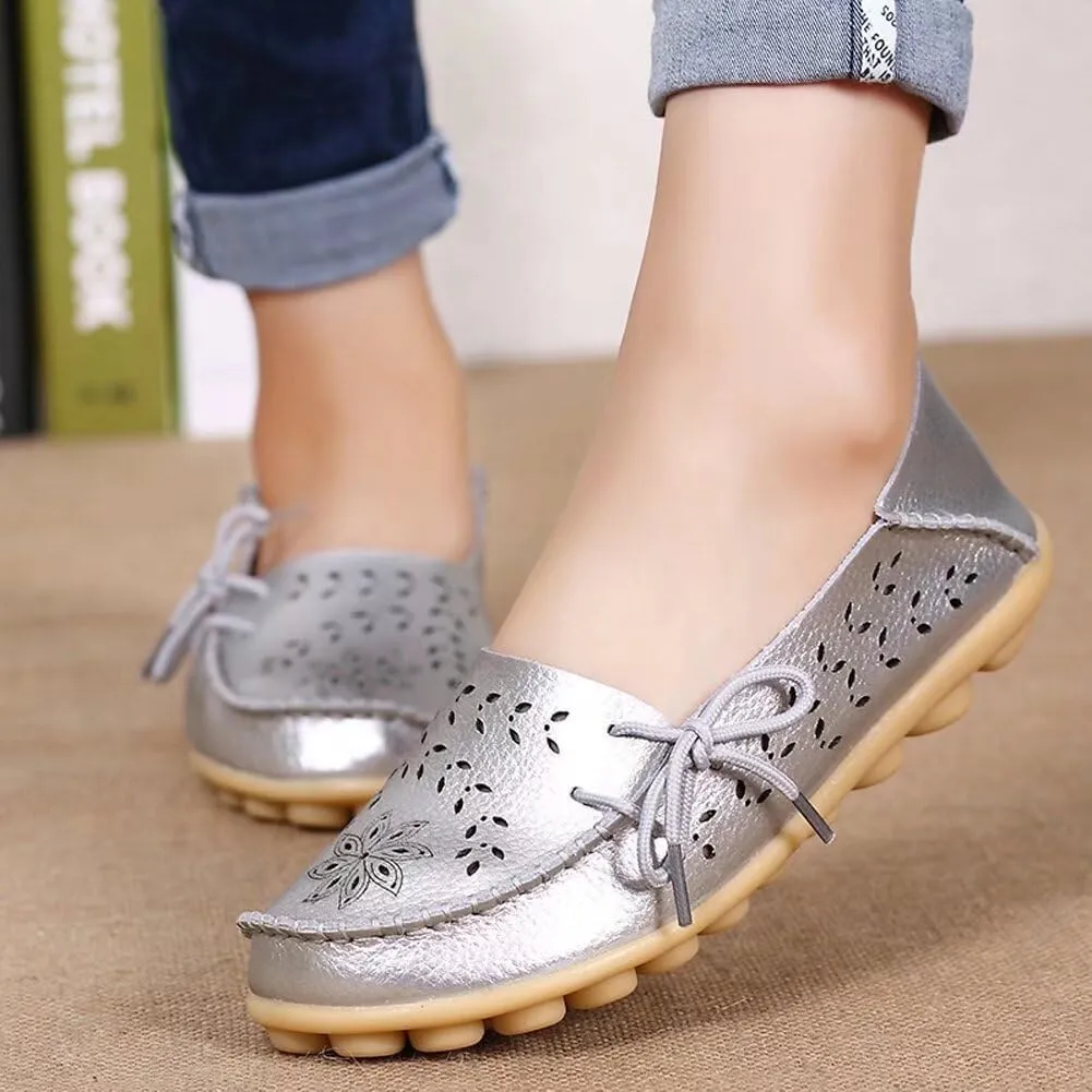 Women's Floral Leather Slip-On Shoes Flat Slipper Walking Loafers