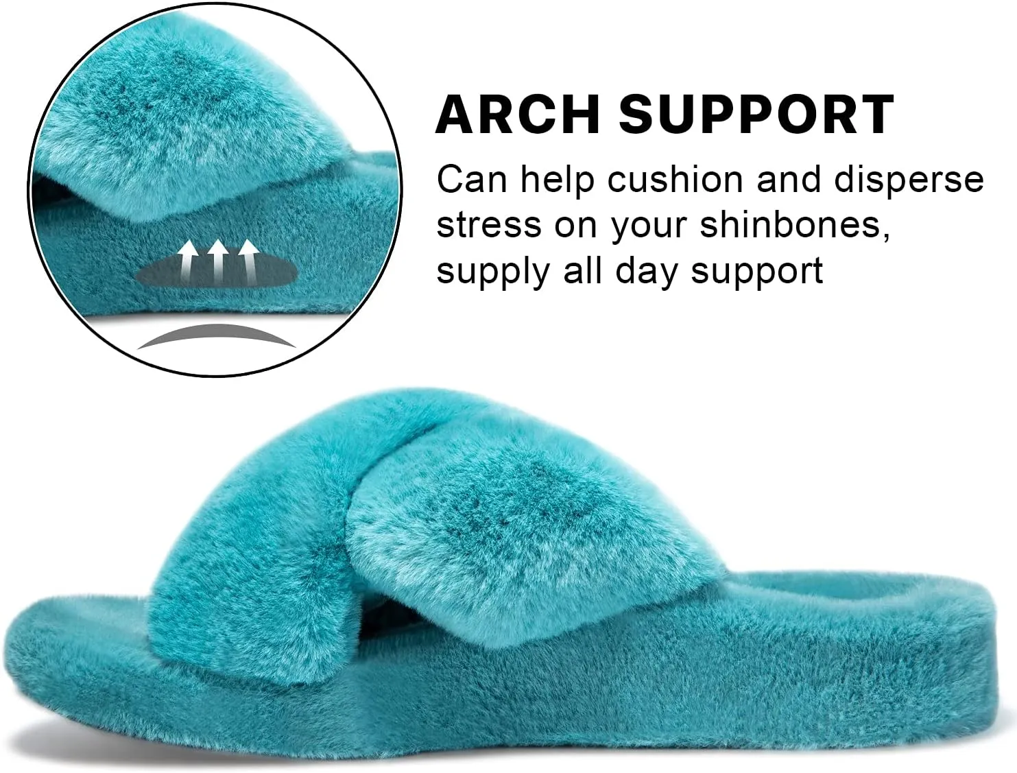 Womens Fuzzy Cross Band Slippers with Orthotic Insole Arch Support, Comfortable Spa Plush House Slippers for Plantar Fasciitis, Foot and Heel Pain, Recovery Slippers for Women