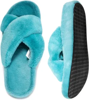 Womens Fuzzy Cross Band Slippers with Orthotic Insole Arch Support, Comfortable Spa Plush House Slippers for Plantar Fasciitis, Foot and Heel Pain, Recovery Slippers for Women