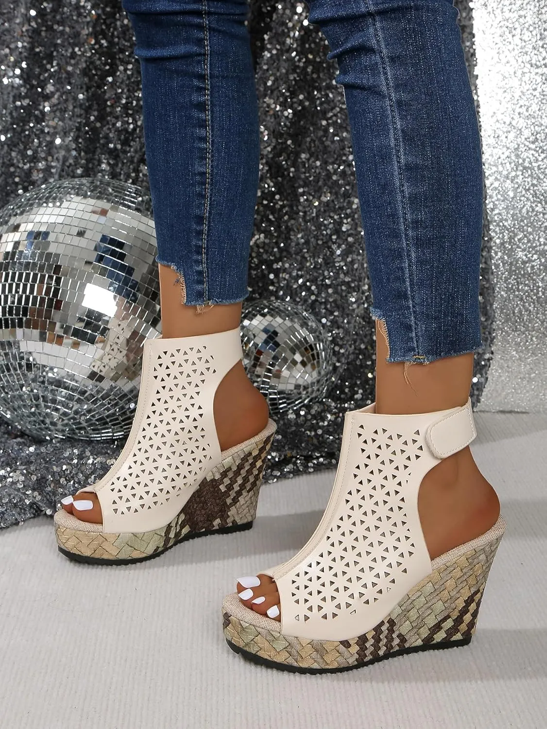 Women's Geometric Cutout Wedge Sandals for Women | Peep Toe Platform Heels with Ankle Strap | Modern Summer Booties for Parties, Brunch, and Beach Vacations,Black,White,Beige
