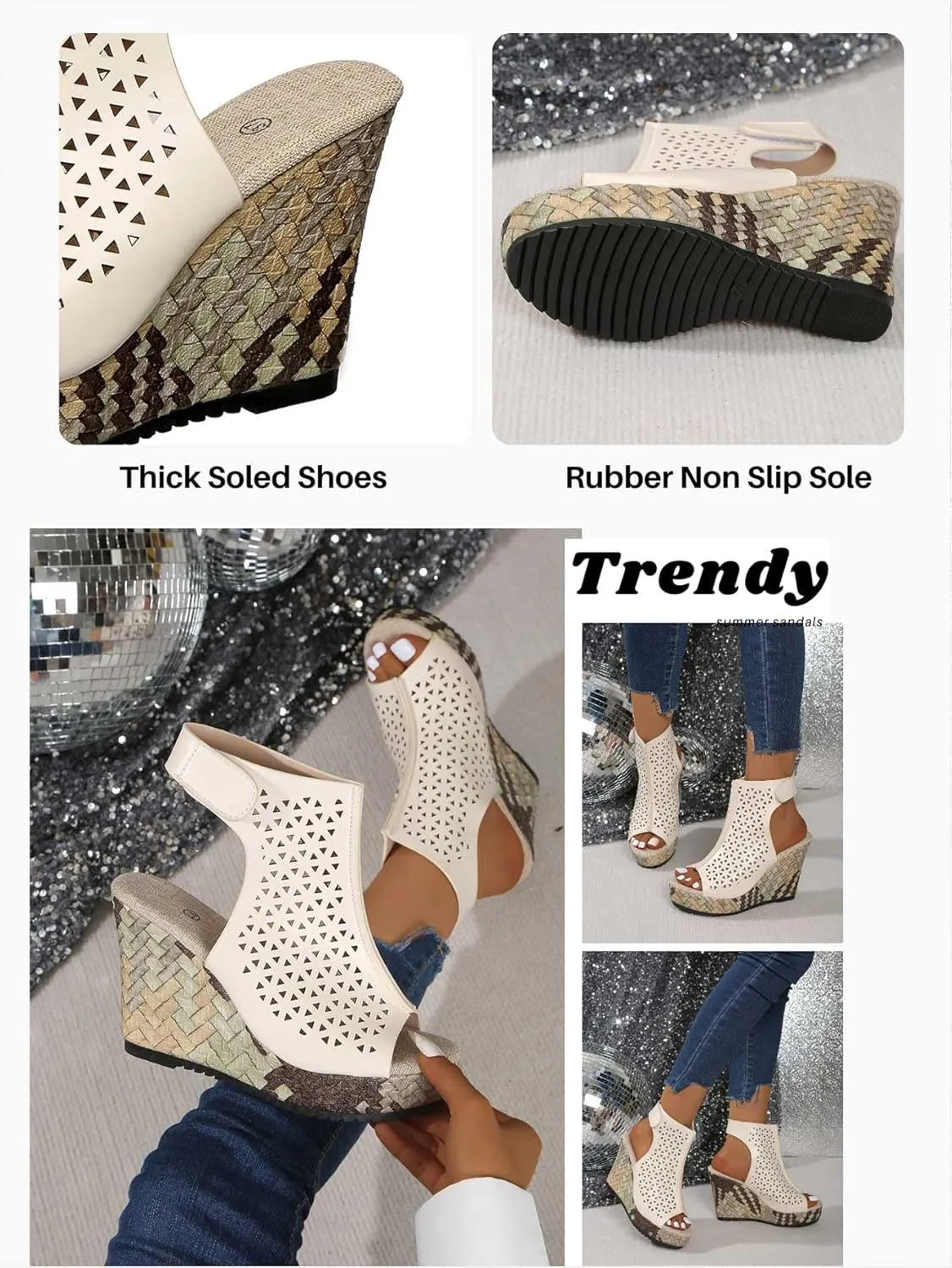Women's Geometric Cutout Wedge Sandals for Women | Peep Toe Platform Heels with Ankle Strap | Modern Summer Booties for Parties, Brunch, and Beach Vacations,Black,White,Beige
