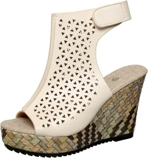 Women's Geometric Cutout Wedge Sandals for Women | Peep Toe Platform Heels with Ankle Strap | Modern Summer Booties for Parties, Brunch, and Beach Vacations,Black,White,Beige