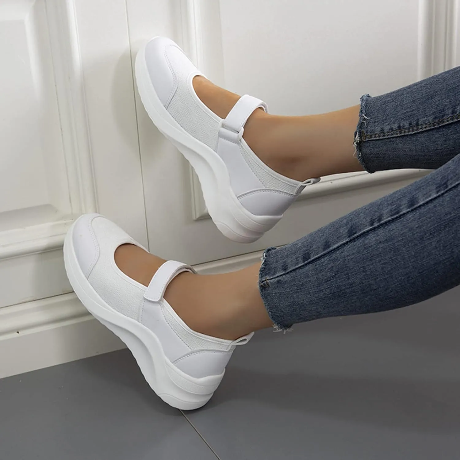 Women's Mary Jane Flats Lightweight Slip on Sneaker Breathable Sandal Summer Mesh Walking Shoes Athletic Outdoor Hiking Sandals,White,US4/EU35