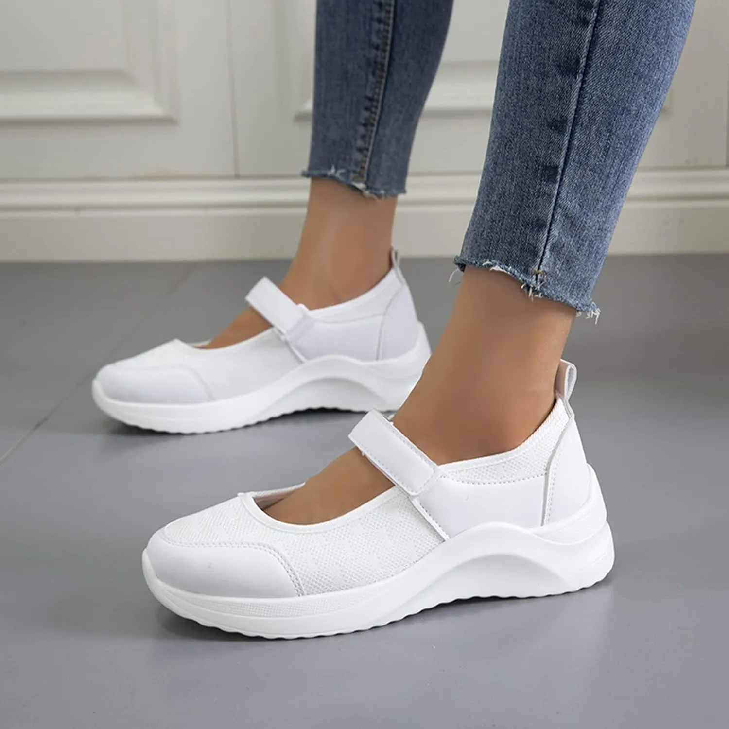 Women's Mary Jane Flats Lightweight Slip on Sneaker Breathable Sandal Summer Mesh Walking Shoes Athletic Outdoor Hiking Sandals,White,US4/EU35